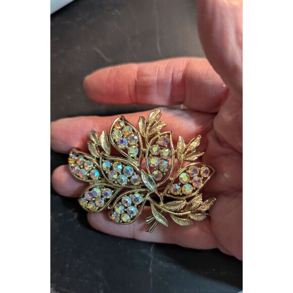 Gold-Tone Leaf Tree Brooch With Aurora Borealis Rhinestones Pin - Picture 2 of 6